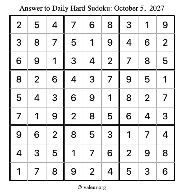 Answer to hard sudoku October 5, 2027