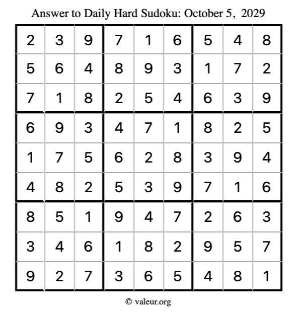 Answer to hard sudoku October 5, 2029