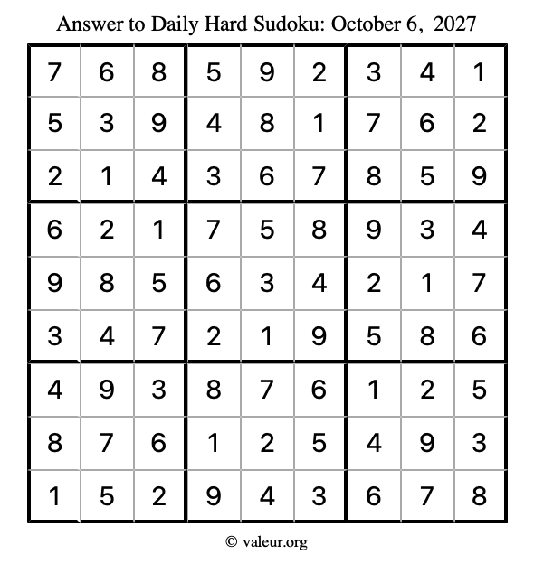 Answer to hard sudoku October 6, 2027