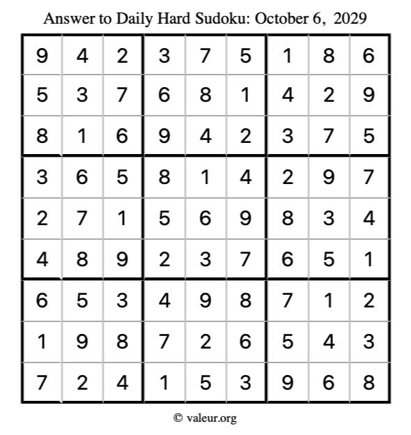 Answer to hard sudoku October 6, 2029