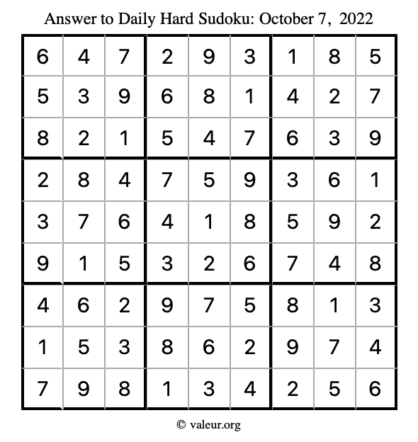 Answer to hard sudoku October 7, 2022