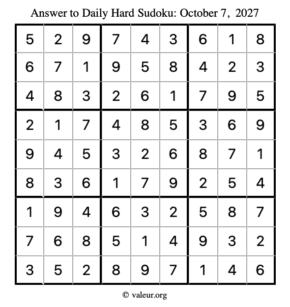 Answer to hard sudoku October 7, 2027