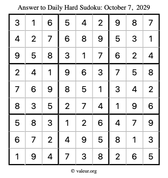 Answer to hard sudoku October 7, 2029