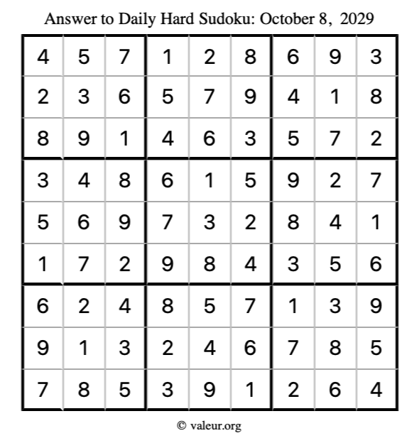 Answer to hard sudoku October 8, 2029