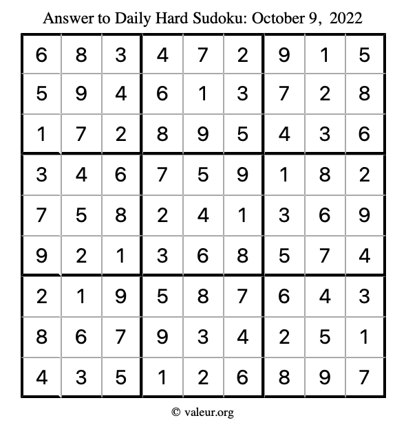 Answer to hard sudoku October 9, 2022