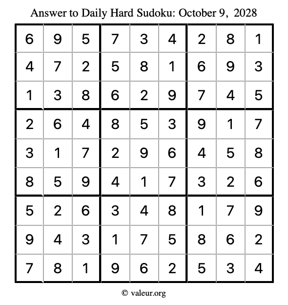 Answer to hard sudoku October 9, 2028