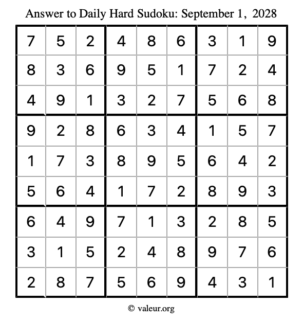 Answer to hard sudoku September 1, 2028