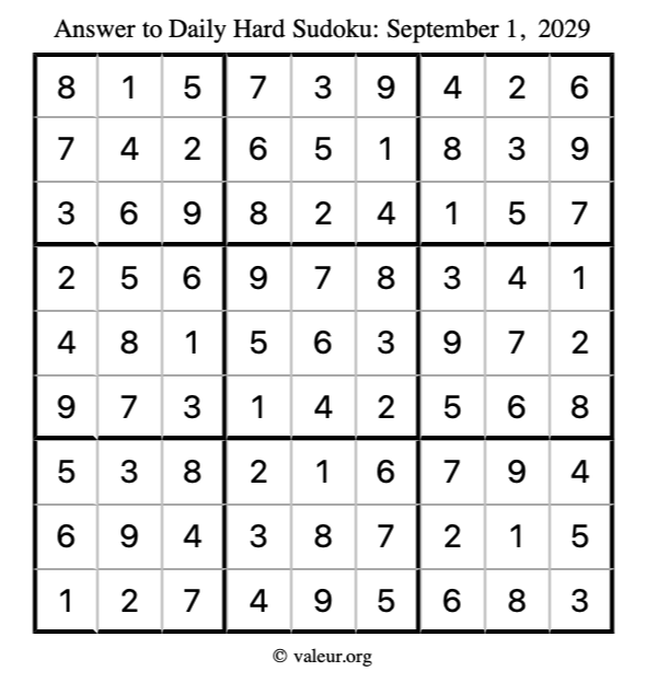 Answer to hard sudoku September 1, 2029