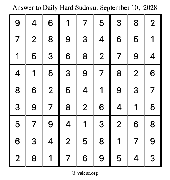 Answer to hard sudoku September 10, 2028