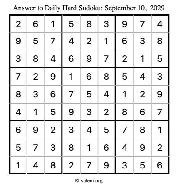 Answer to hard sudoku September 10, 2029