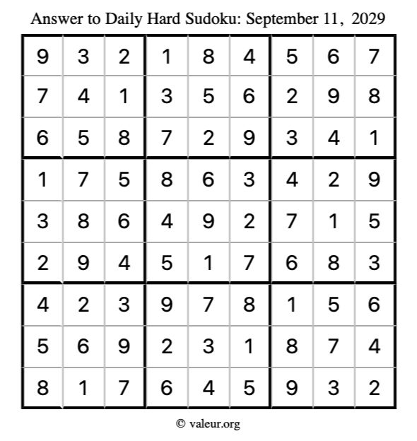 Answer to hard sudoku September 11, 2029