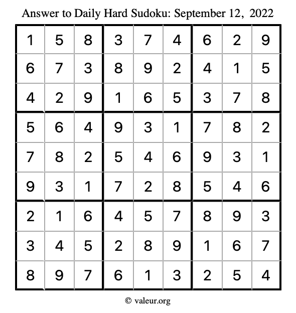 Answer to hard sudoku September 12, 2022