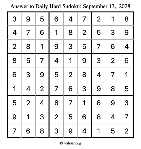 Answer to hard sudoku September 13, 2028