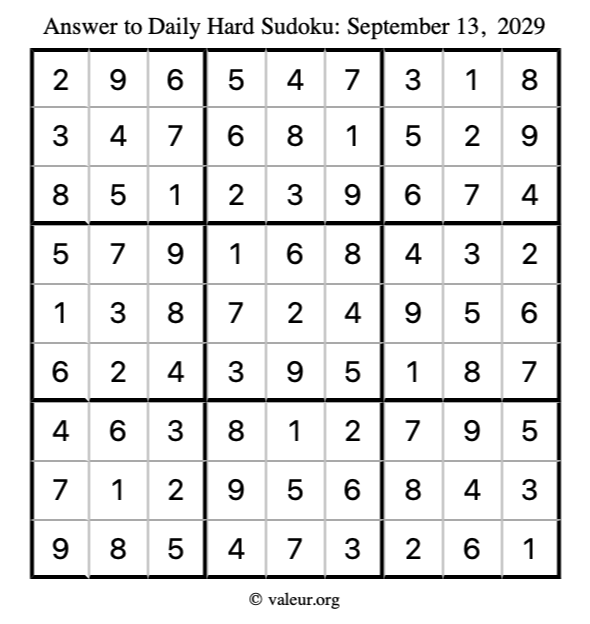 Answer to hard sudoku September 13, 2029