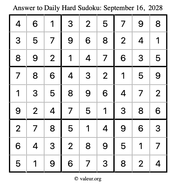 Answer to hard sudoku September 16, 2028