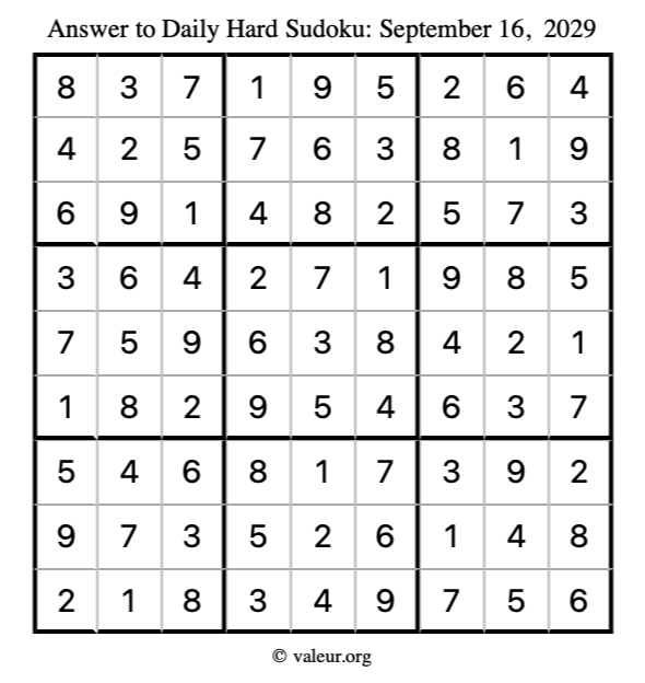 Answer to hard sudoku September 16, 2029