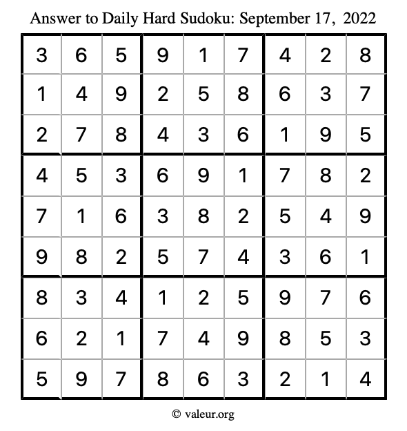 Answer to hard sudoku September 17, 2022