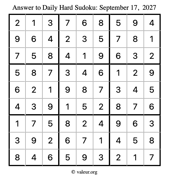 Answer to hard sudoku September 17, 2027