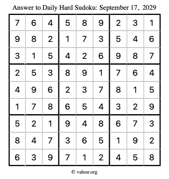Answer to hard sudoku September 17, 2029