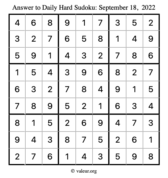 Answer to hard sudoku September 18, 2022