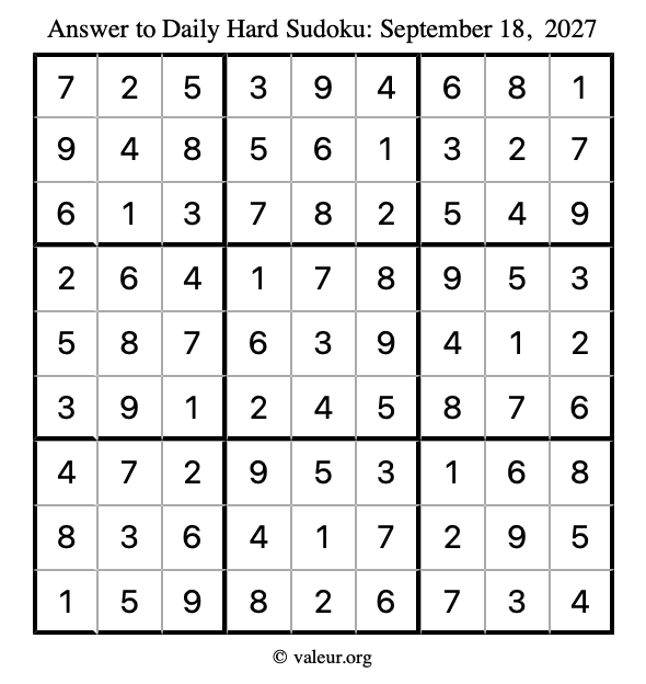 Answer to hard sudoku September 18, 2027