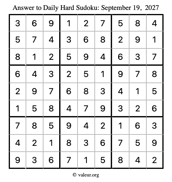 Answer to hard sudoku September 19, 2027