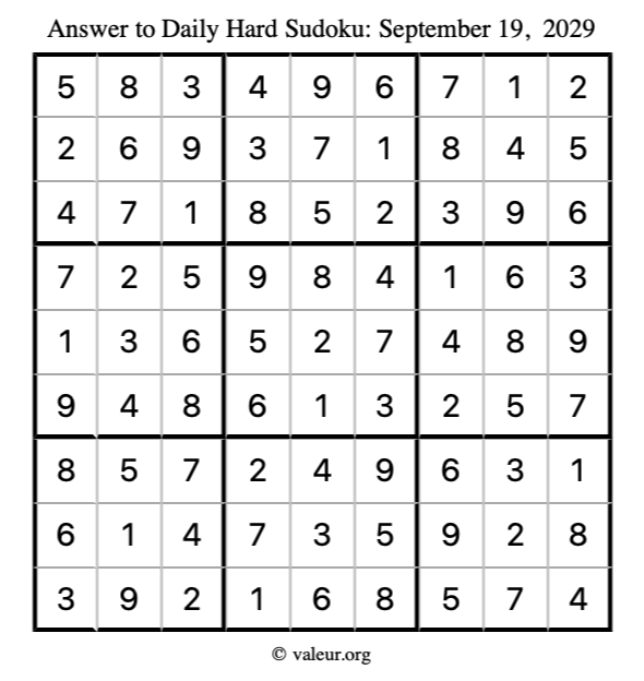Answer to hard sudoku September 19, 2029