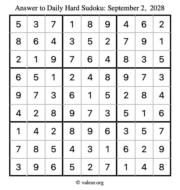 Answer to hard sudoku September 2, 2028