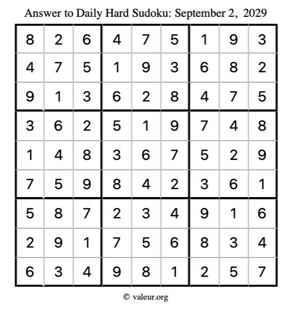 Answer to hard sudoku September 2, 2029