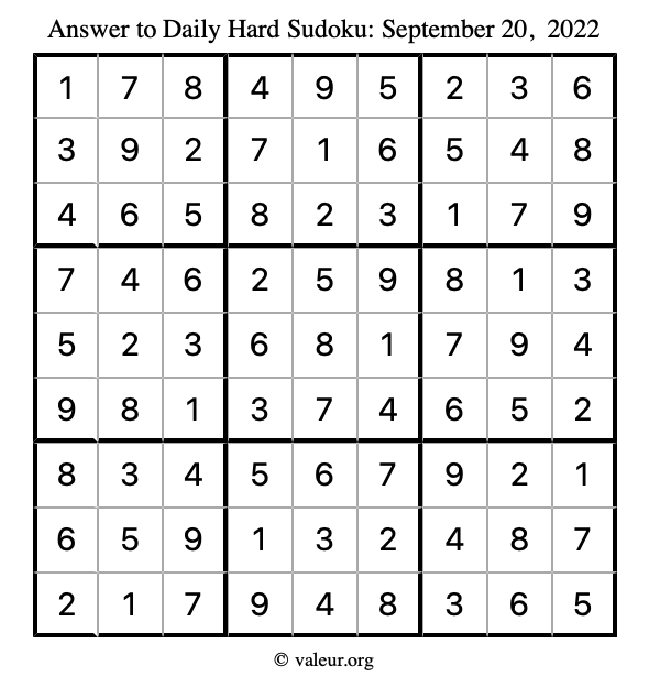 Answer to hard sudoku September 20, 2022