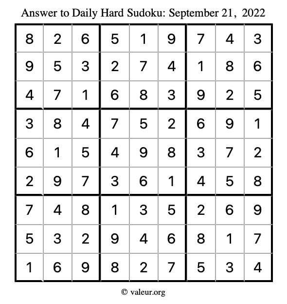 Answer to hard sudoku September 21, 2022