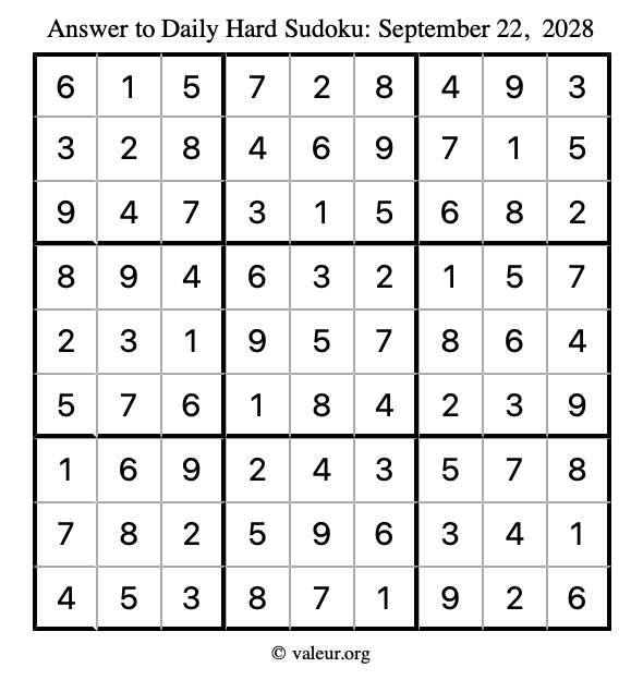 Answer to hard sudoku September 22, 2028