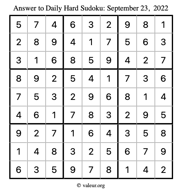 Answer to hard sudoku September 23, 2022