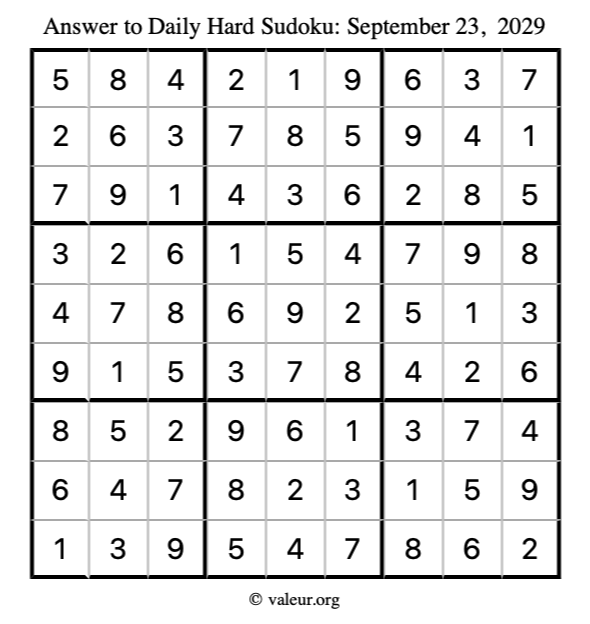 Answer to hard sudoku September 23, 2029