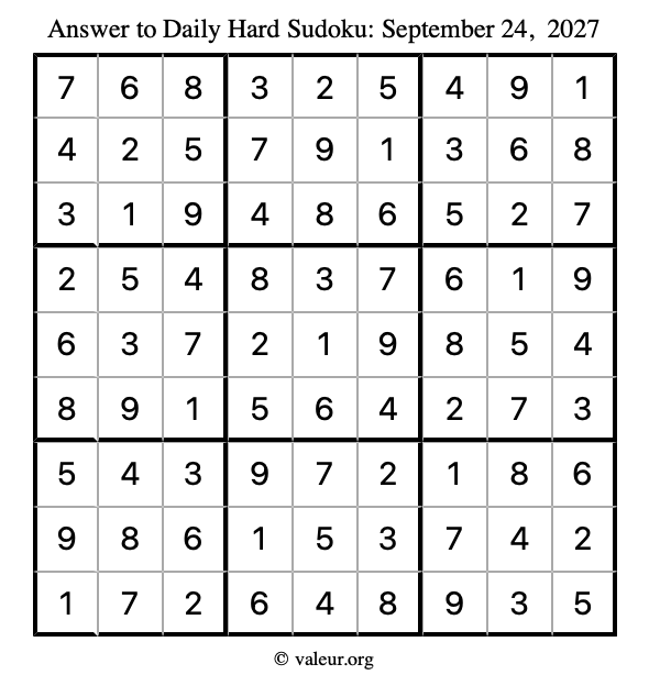 Answer to hard sudoku September 24, 2027