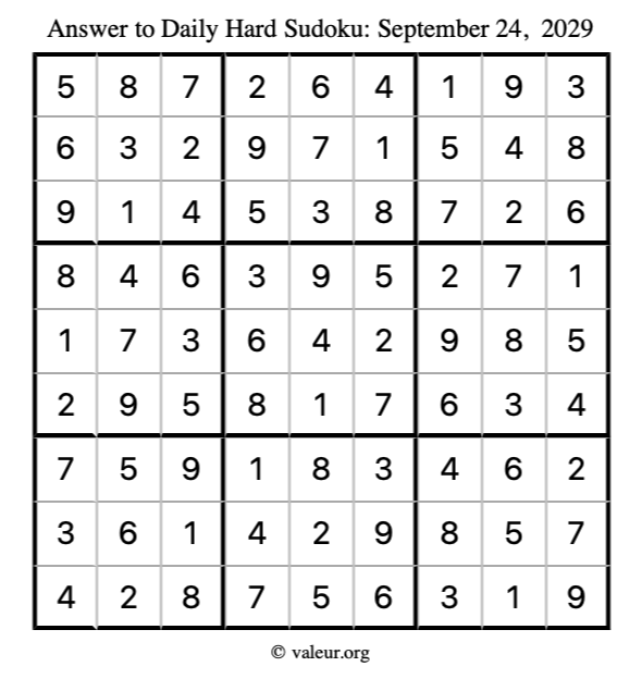 Answer to hard sudoku September 24, 2029