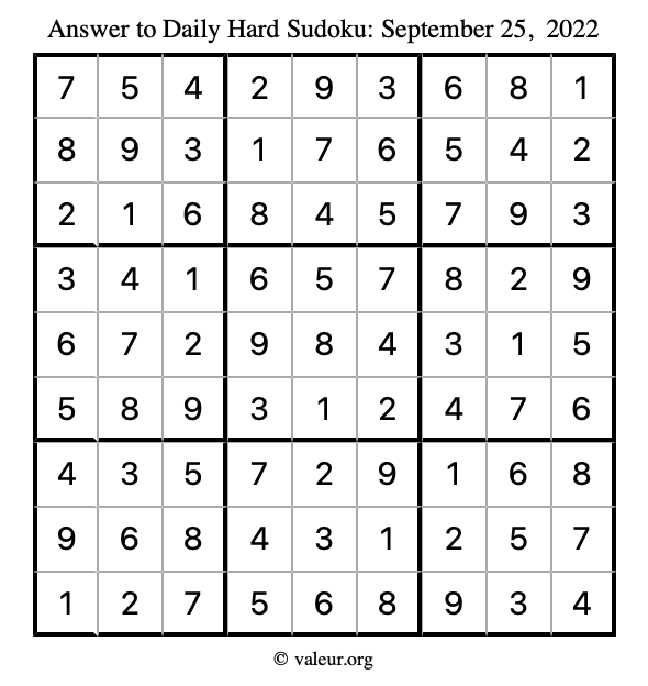 Answer to hard sudoku September 25, 2022