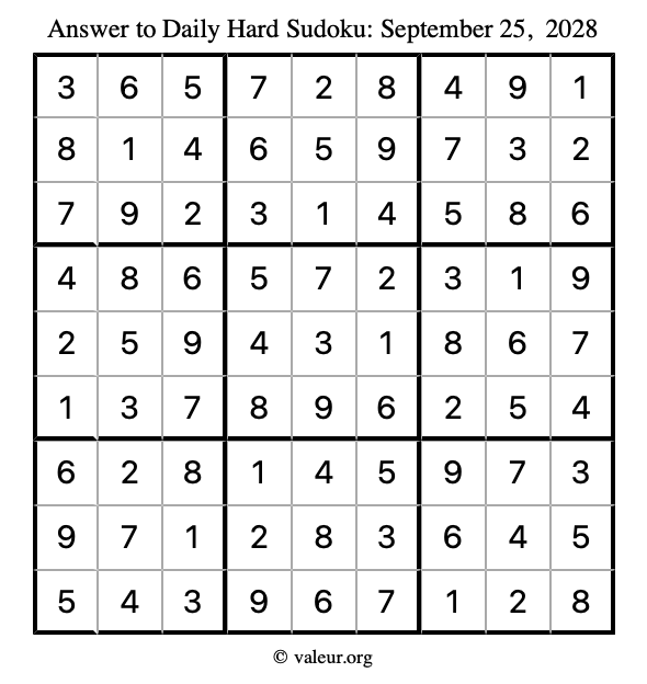 Answer to hard sudoku September 25, 2028
