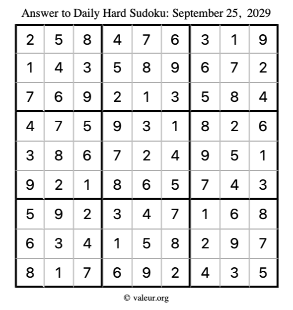 Answer to hard sudoku September 25, 2029