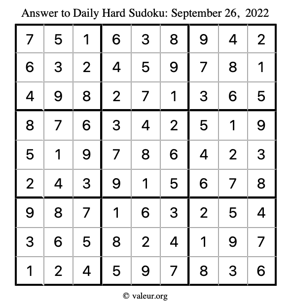 Answer to hard sudoku September 26, 2022