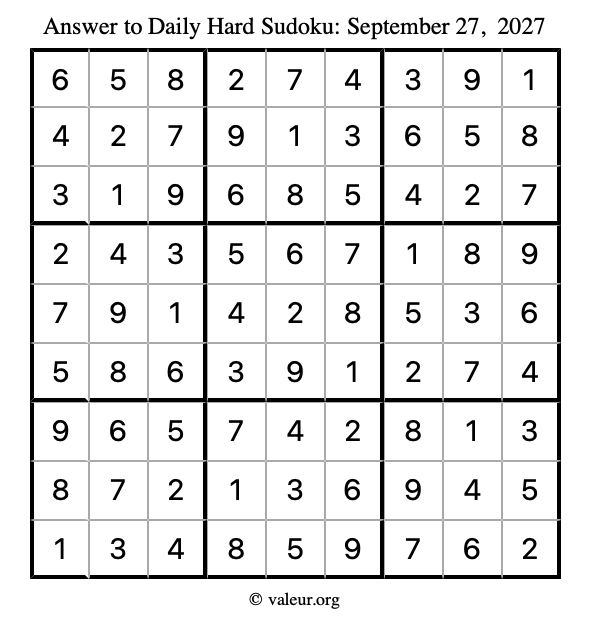 Answer to hard sudoku September 27, 2027