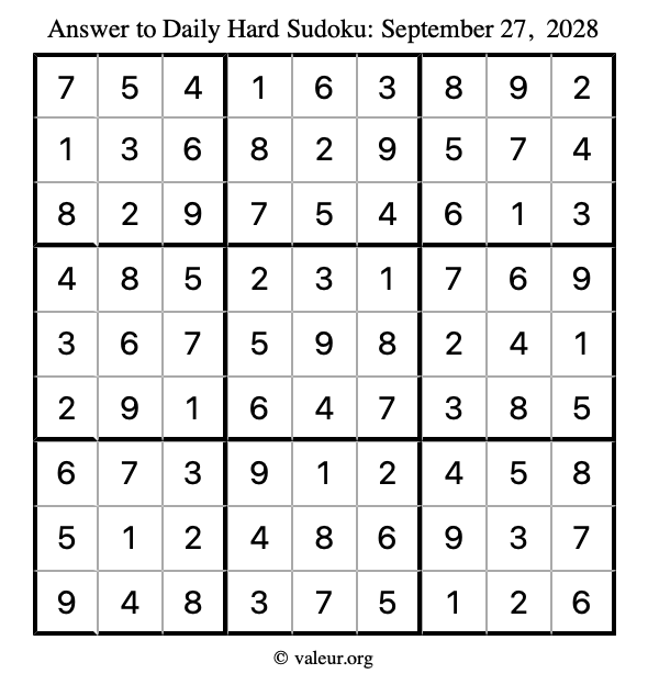Answer to hard sudoku September 27, 2028