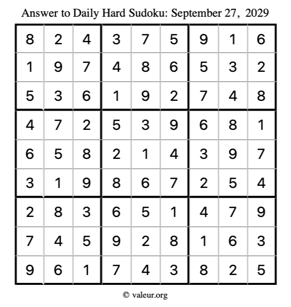 Answer to hard sudoku September 27, 2029