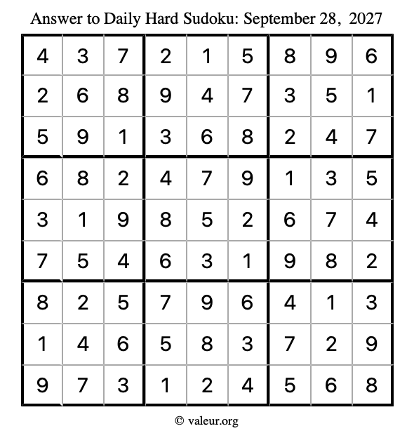 Answer to hard sudoku September 28, 2027