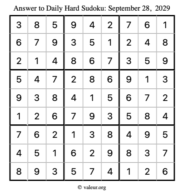 Answer to hard sudoku September 28, 2029