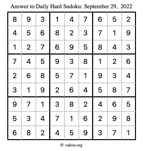 Answer to hard sudoku September 29, 2022