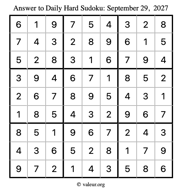 Answer to hard sudoku September 29, 2027