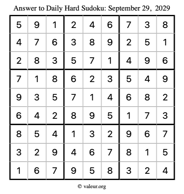 Answer to hard sudoku September 29, 2029