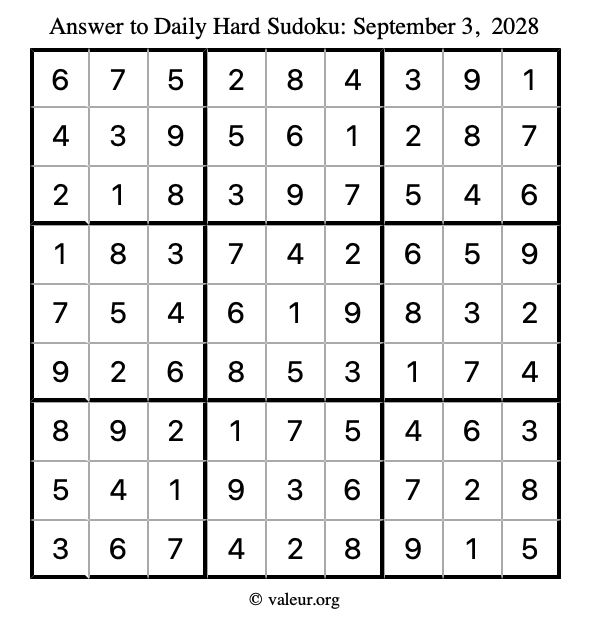Answer to hard sudoku September 3, 2028