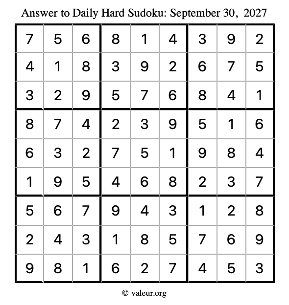 Answer to hard sudoku September 30, 2027